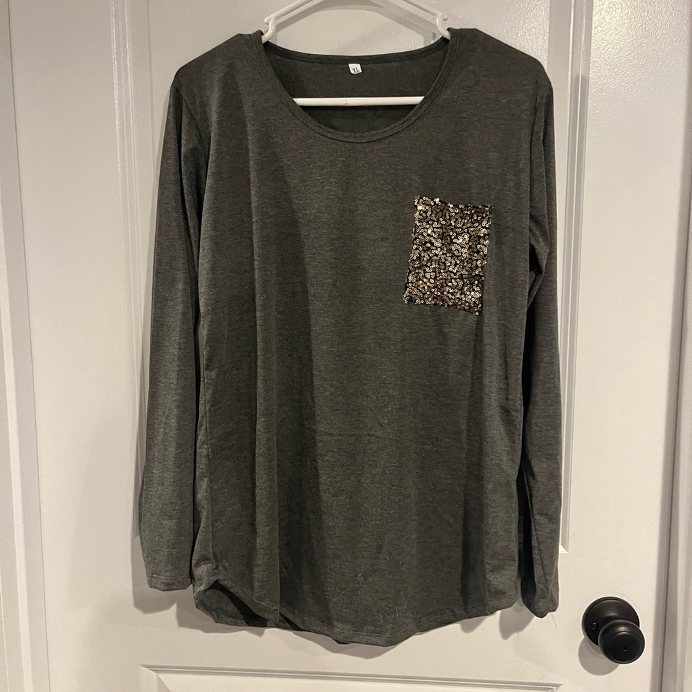 gray long sleeve with gold sequence pocket
